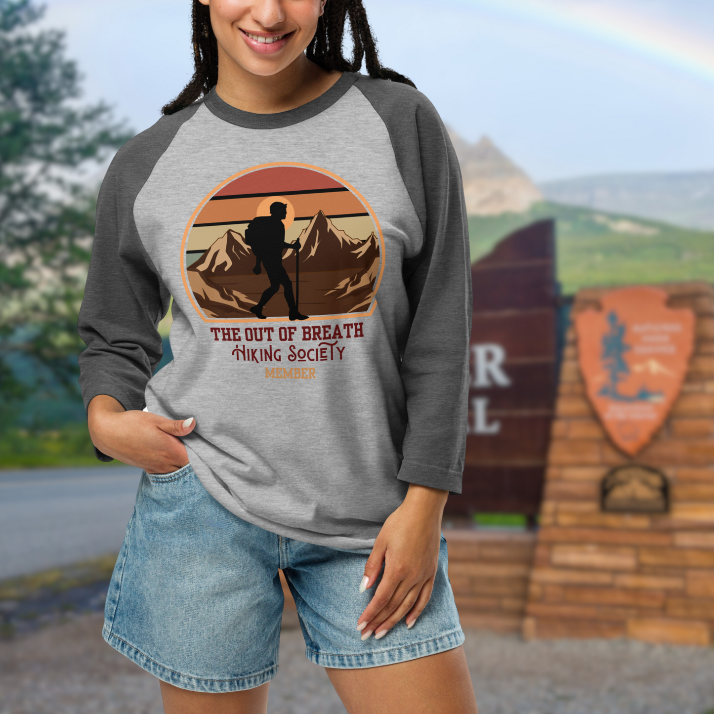 Out of Breath Hiking Society Members | Soft 3/4 sleeve Raglan Shirt
